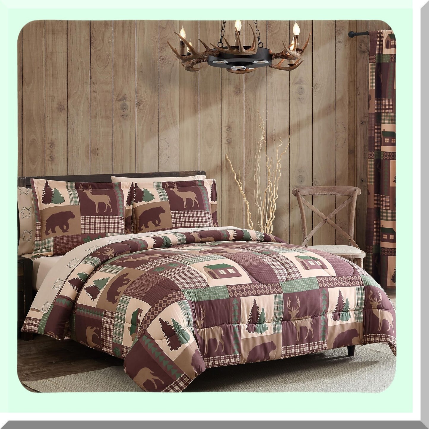 Rustic Patchwork Plaid Deer Full Comforter Set - Cozy Cabin 7-Piece Microfiber Bed-in-A-Bag Bedding with Deep Pockets in Brown Tan Green Theme