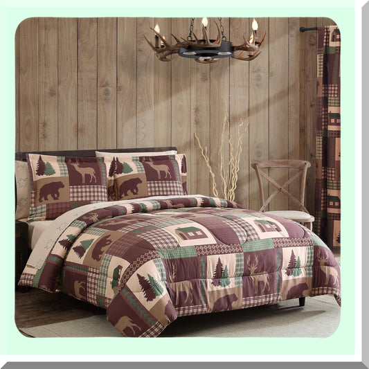 Rustic Patchwork Plaid Deer Full Comforter Set - Cozy Cabin 7-Piece Microfiber Bed-in-A-Bag Bedding with Deep Pockets in Brown Tan Green Theme