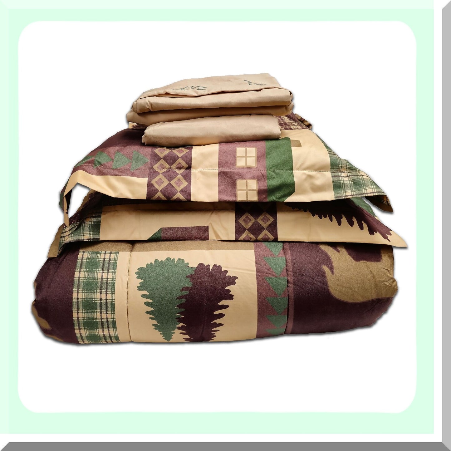 Rustic Patchwork Plaid Deer Full Comforter Set - Cozy Cabin 7-Piece Microfiber Bed-in-A-Bag Bedding with Deep Pockets in Brown Tan Green Theme