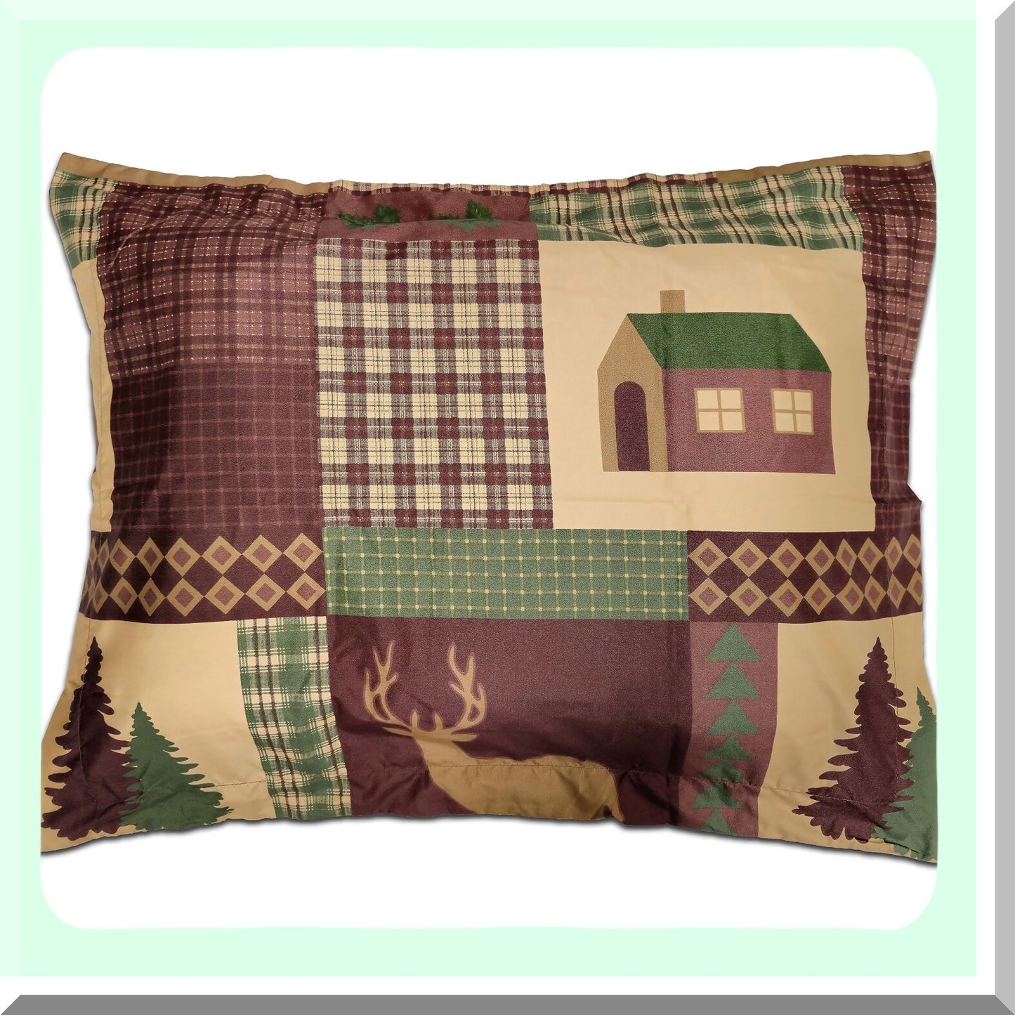 Rustic Patchwork Plaid Deer Full Comforter Set - Cozy Cabin 7-Piece Microfiber Bed-in-A-Bag Bedding with Deep Pockets in Brown Tan Green Theme