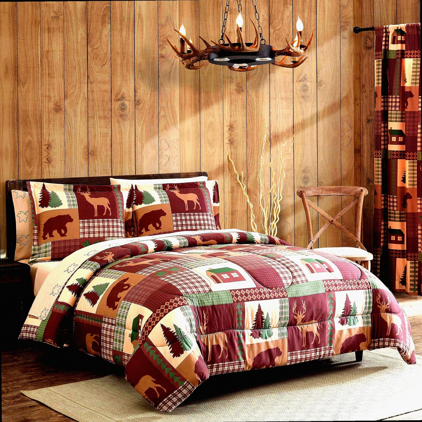 Rustic Patchwork Plaid Deer Full Comforter Set - Cozy Cabin 7-Piece Microfiber Bed-in-A-Bag Bedding with Deep Pockets in Brown Tan Green Theme