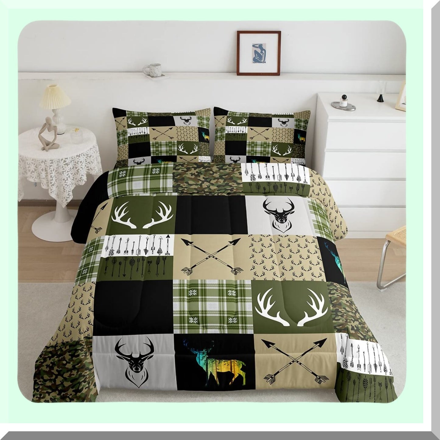 Wildlife Camo Patchwork Comforter Set - Full Size Moose Deerhorn Bedding with Abstract Grid Design, Army Green Duvet Insert for Arrow Hunting Theme Decor