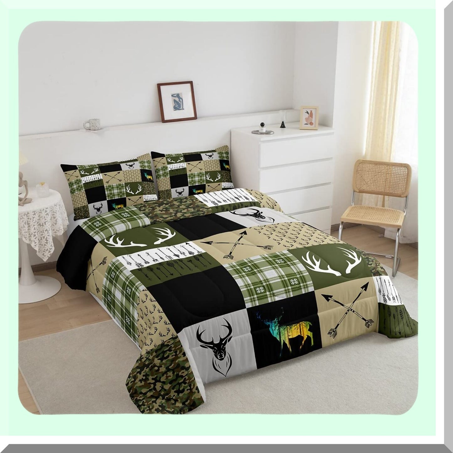 Wildlife Camo Patchwork Comforter Set - Full Size Moose Deerhorn Bedding with Abstract Grid Design, Army Green Duvet Insert for Arrow Hunting Theme Decor