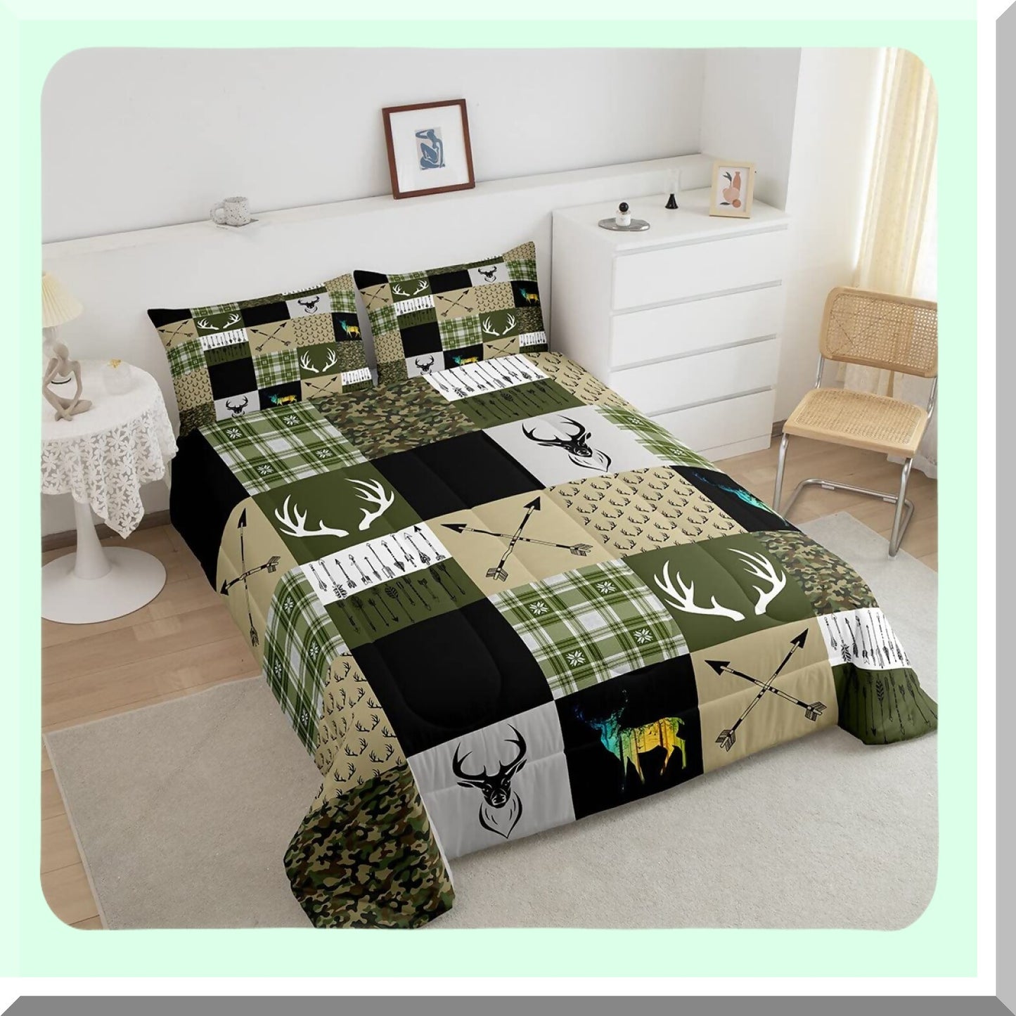 Wildlife Camo Patchwork Comforter Set - Full Size Moose Deerhorn Bedding with Abstract Grid Design, Army Green Duvet Insert for Arrow Hunting Theme Decor