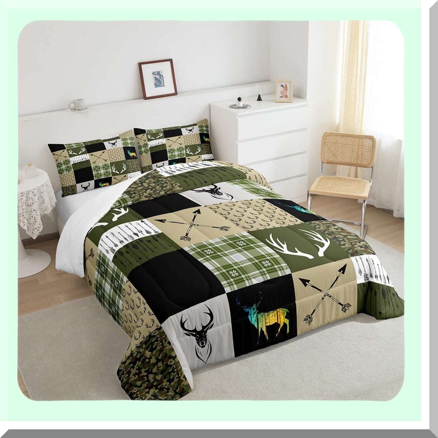Wildlife Camo Patchwork Comforter Set - Full Size Moose Deerhorn Bedding with Abstract Grid Design, Army Green Duvet Insert for Arrow Hunting Theme Decor