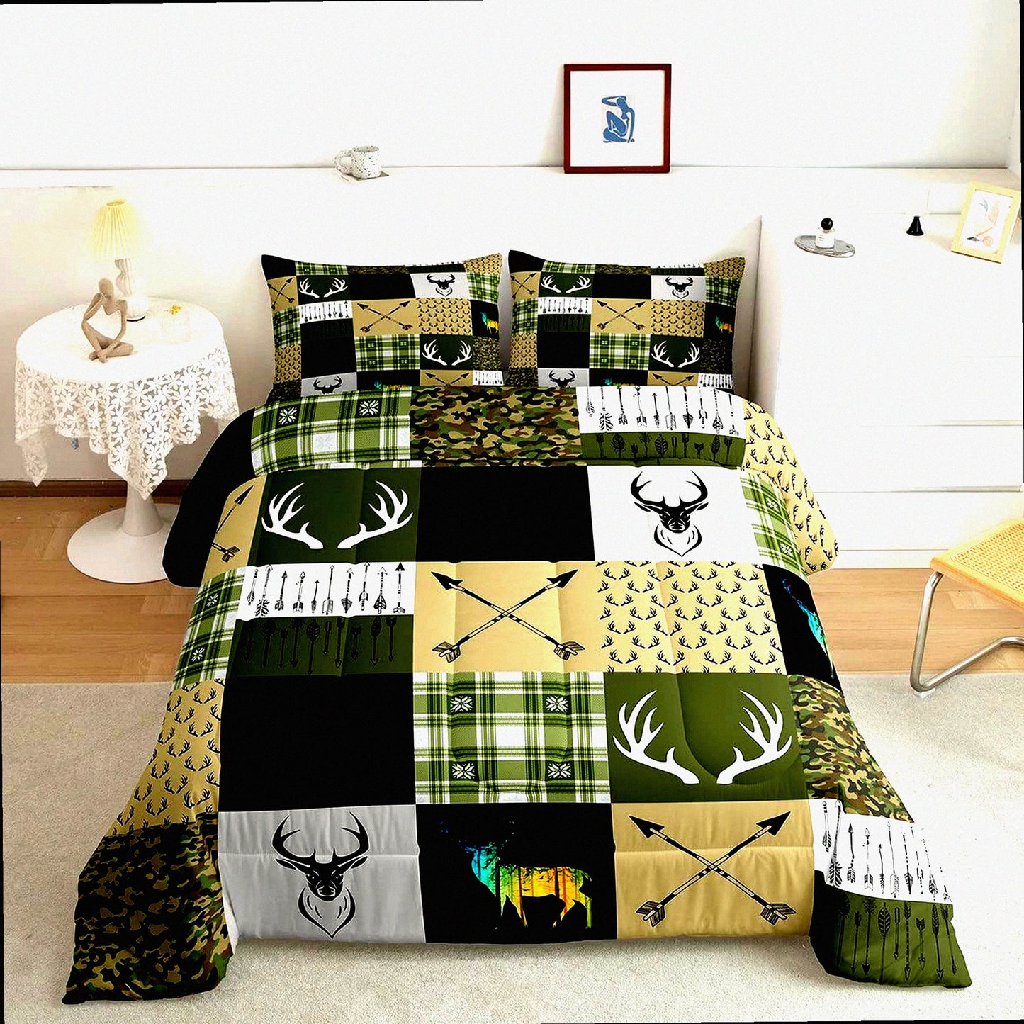 Wildlife Camo Patchwork Comforter Set - Full Size Moose Deerhorn Bedding with Abstract Grid Design, Army Green Duvet Insert for Arrow Hunting Theme Decor
