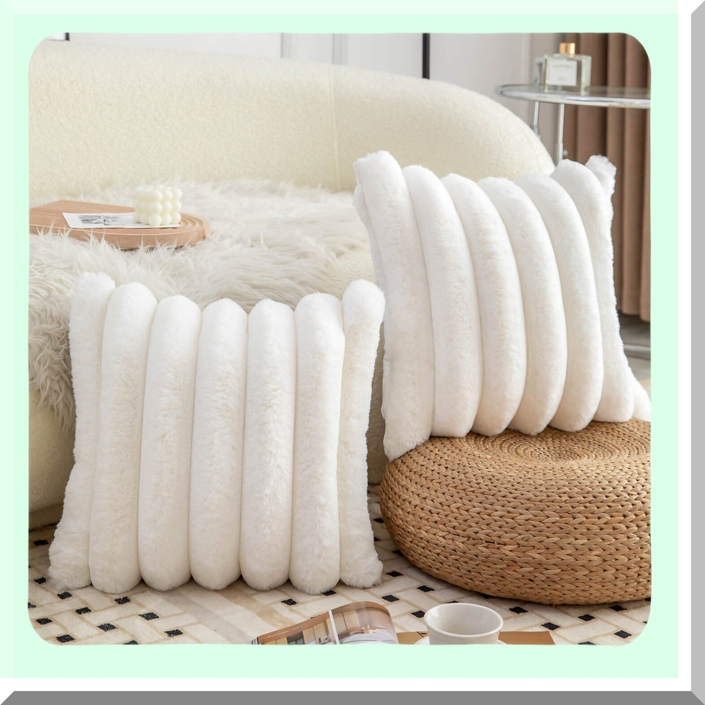 Velvet Stripe Cozy Pillow Covers - Set of 2, Soft Decorative Cushion Cases for Sofa Couch, Cream White 16x16 inch