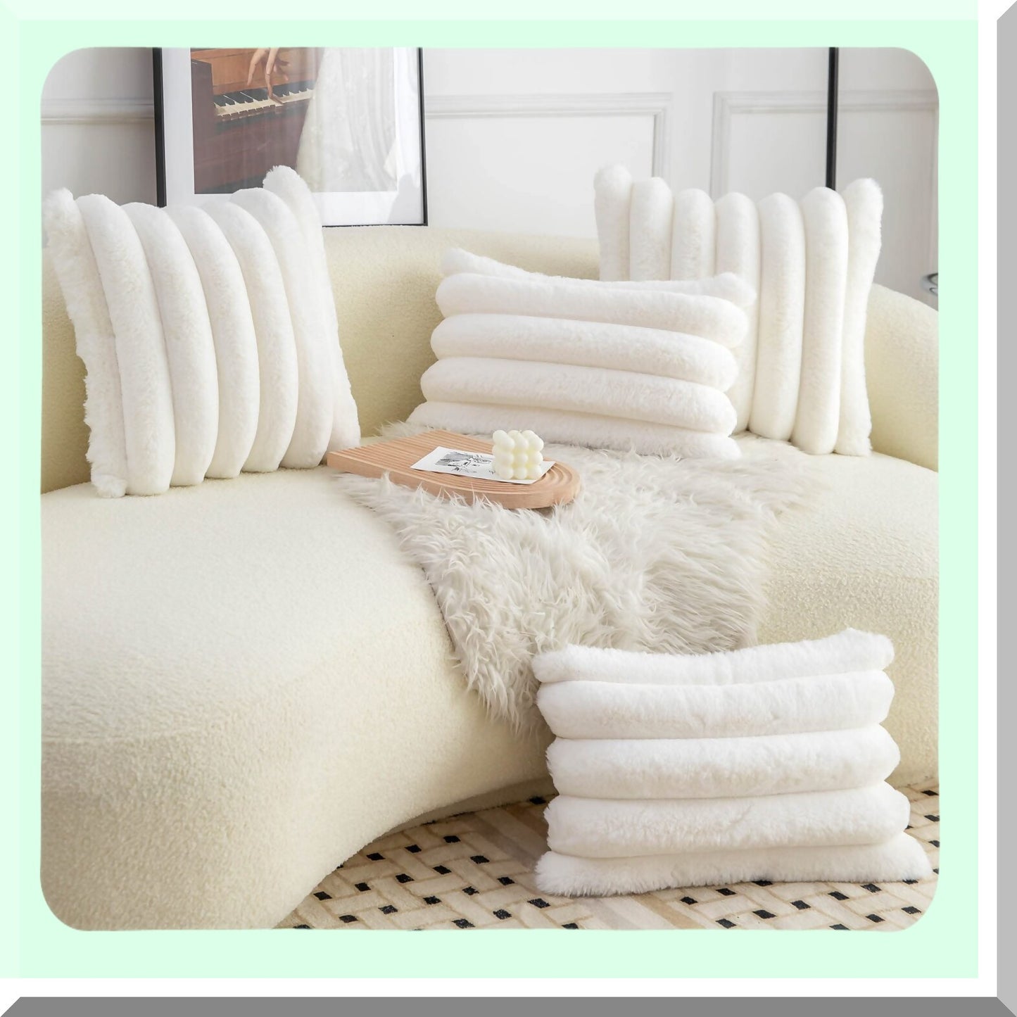 Velvet Stripe Cozy Pillow Covers - Set of 2, Soft Decorative Cushion Cases for Sofa Couch, Cream White 16x16 inch