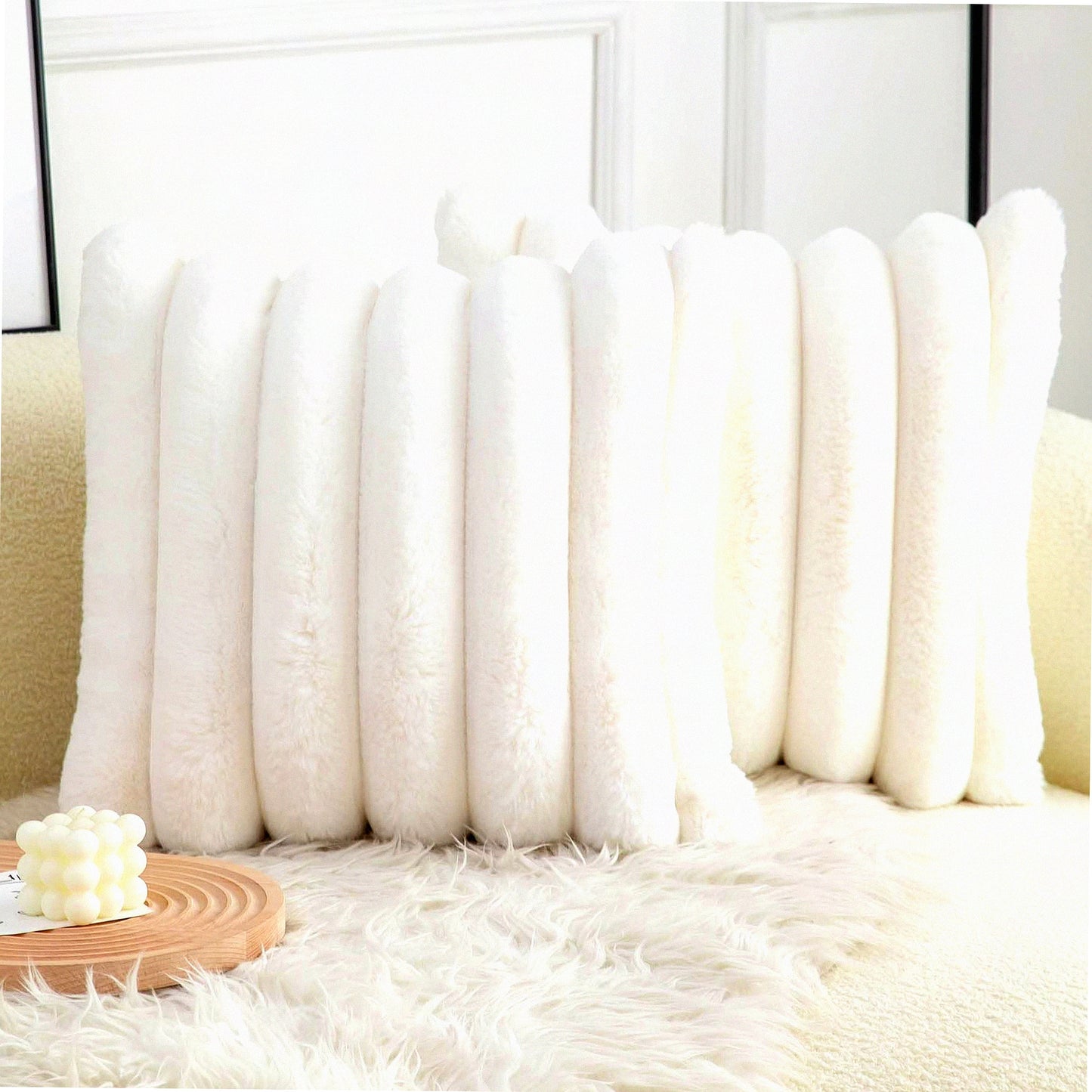 Velvet Stripe Cozy Pillow Covers - Set of 2, Soft Decorative Cushion Cases for Sofa Couch, Cream White 16x16 inch