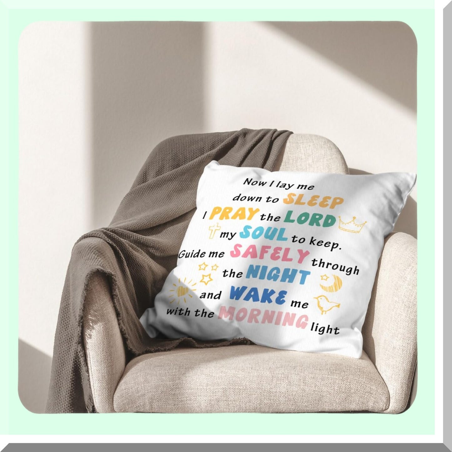 Bedtime Blessings Reversible Pillowcase - Christian Nursery Decor - 18x18 Throw Pillow Cover - Kids Room Prayer Pillow - Sofa Bed Pillow Case