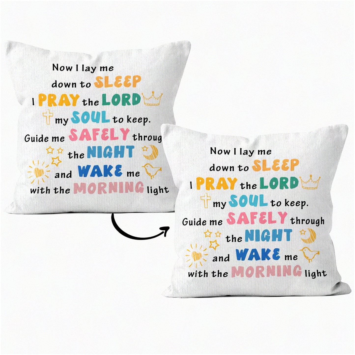 Bedtime Blessings Reversible Pillowcase - Christian Nursery Decor - 18x18 Throw Pillow Cover - Kids Room Prayer Pillow - Sofa Bed Pillow Case