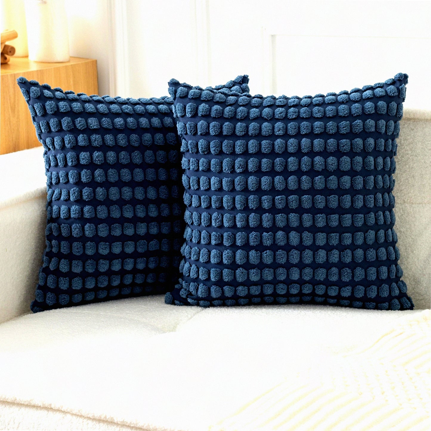 Granular Plush Corduroy Pillow Covers - Set of 2 Decorative Throw Cushion Cases in Dusty Blue, Boho Farmhouse Style for Couch Sofa Bedroom Home Decor - 18x18 Inch
