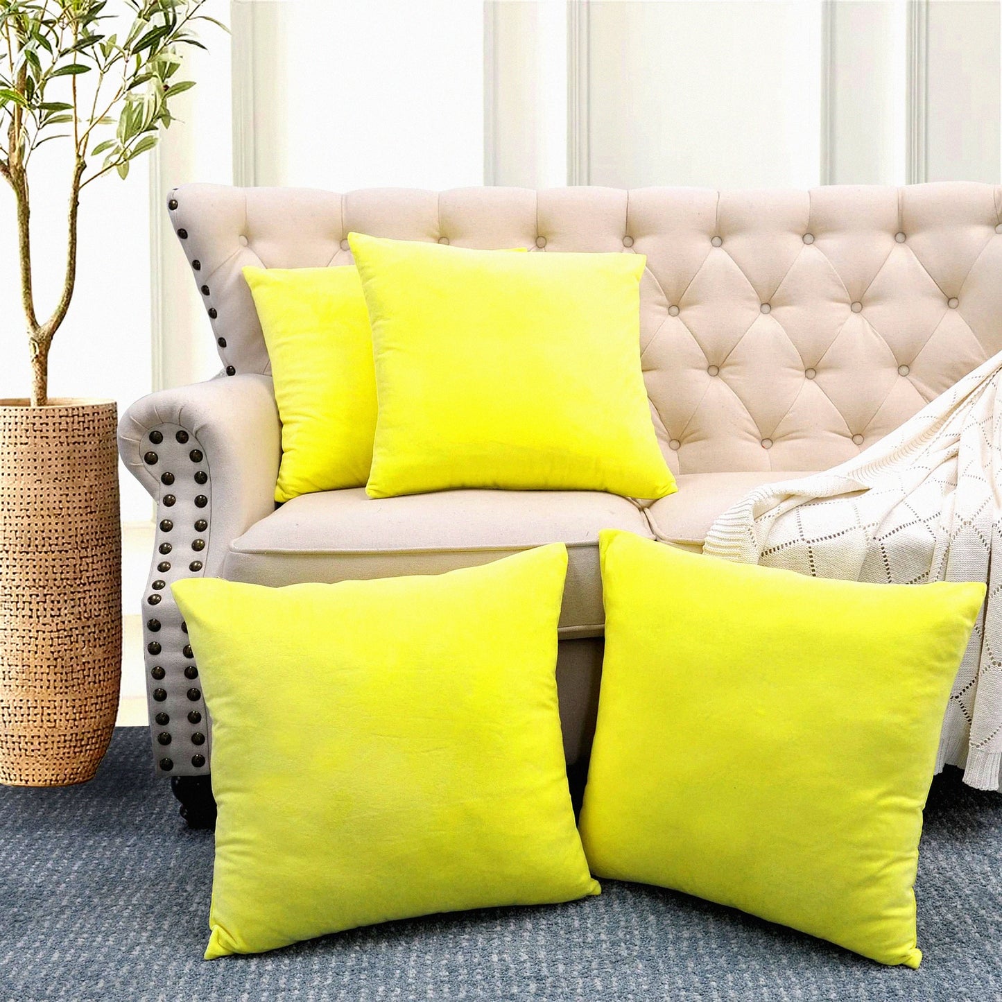 Butter Cup Plush Square Pillow Cover Set - Supersoft Decorative Solid Color Throw Covers for Couch Bed Dcor, 20x20 Inch, Modern Cushion