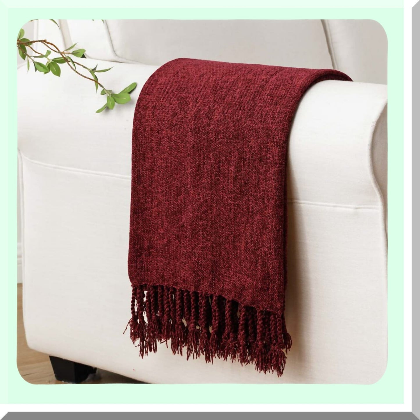 Velvet Burgundy Chenille Throw Blanket with Decorative Fringe - Luxurious 50"x60" Sofa and Couch Decor"