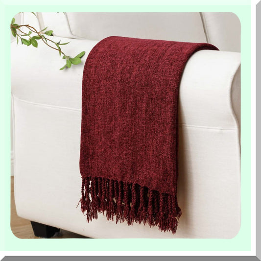Velvet Burgundy Chenille Throw Blanket with Decorative Fringe - Luxurious 50"x60" Sofa and Couch Decor"