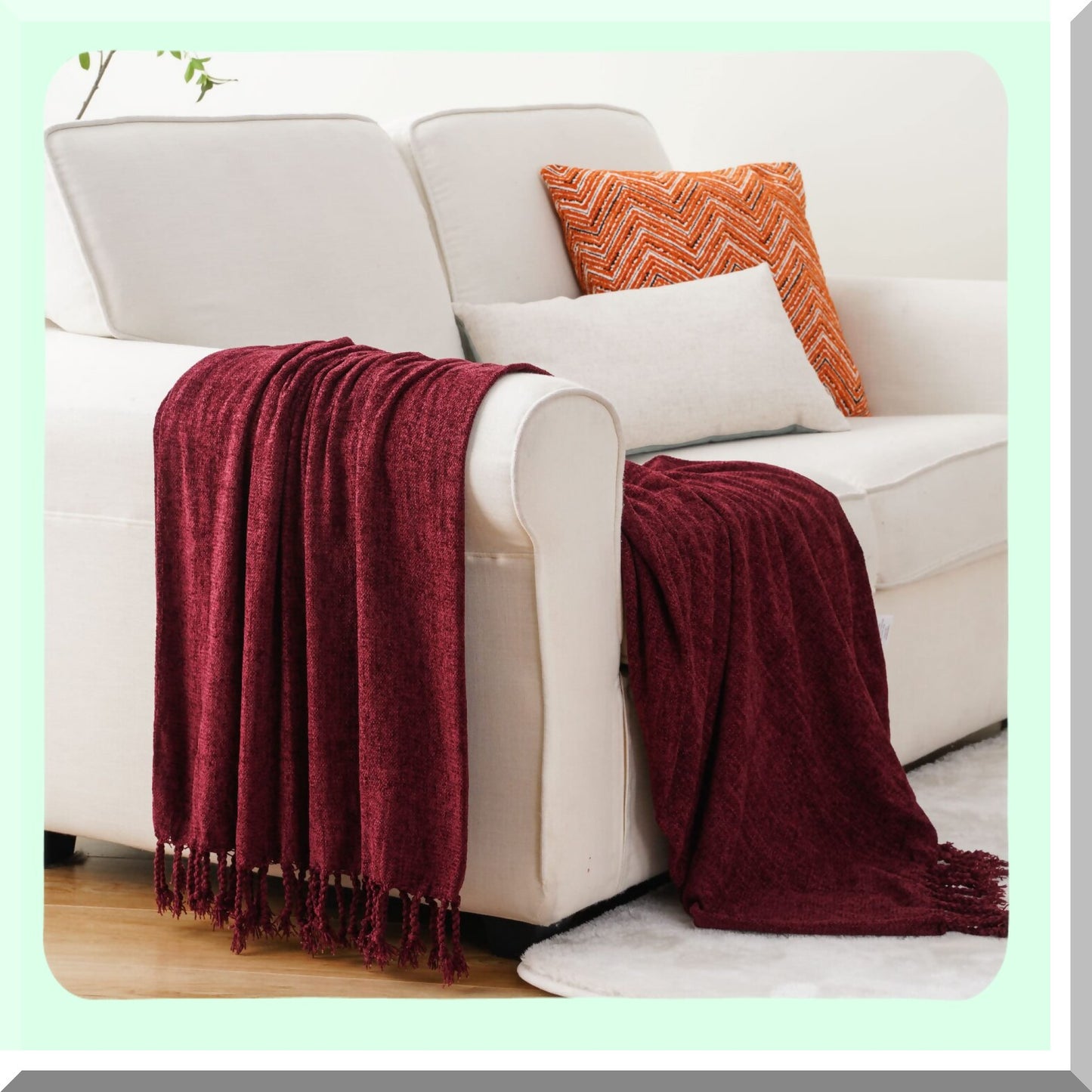 Velvet Burgundy Chenille Throw Blanket with Decorative Fringe - Luxurious 50"x60" Sofa and Couch Decor"