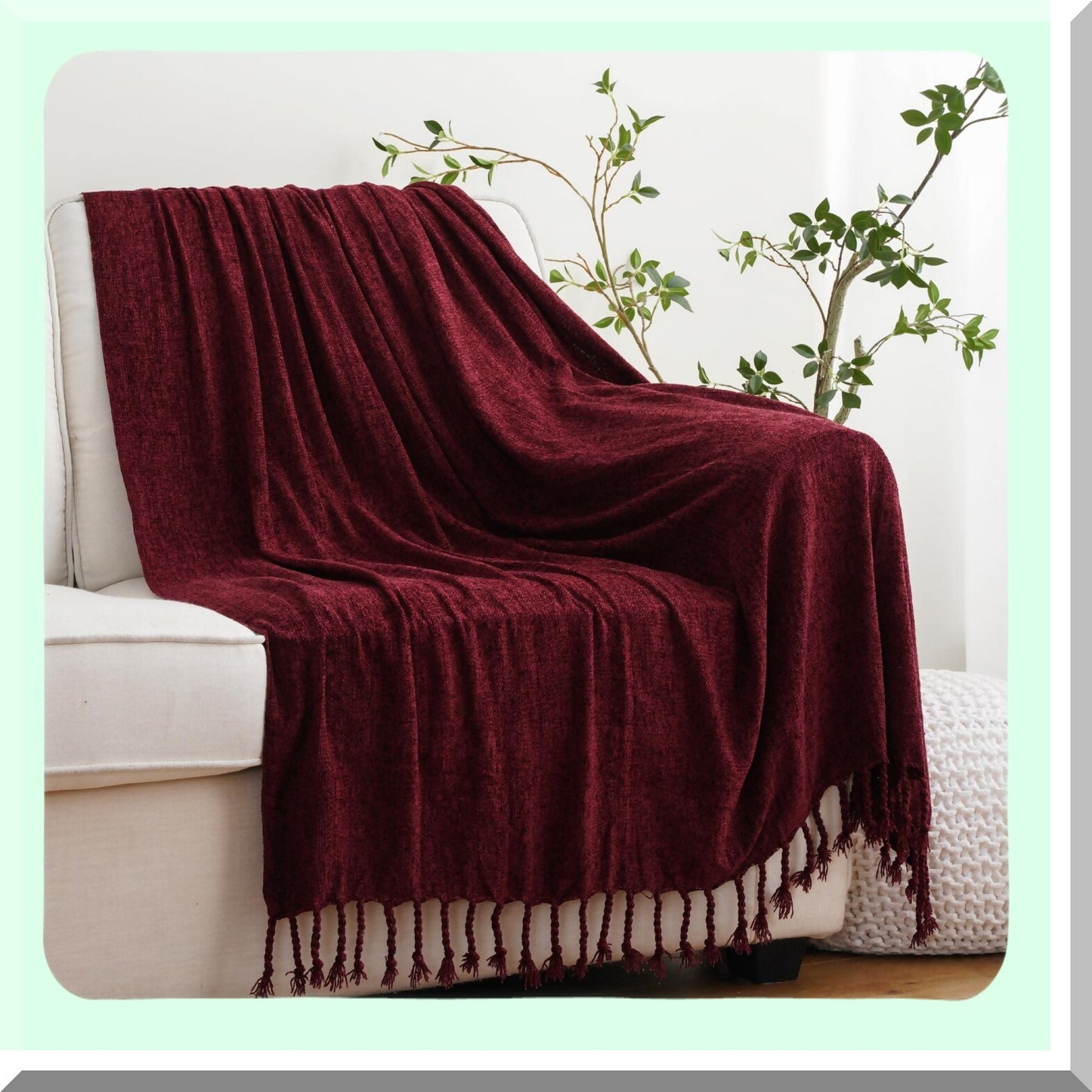 Velvet Burgundy Chenille Throw Blanket with Decorative Fringe - Luxurious 50"x60" Sofa and Couch Decor"