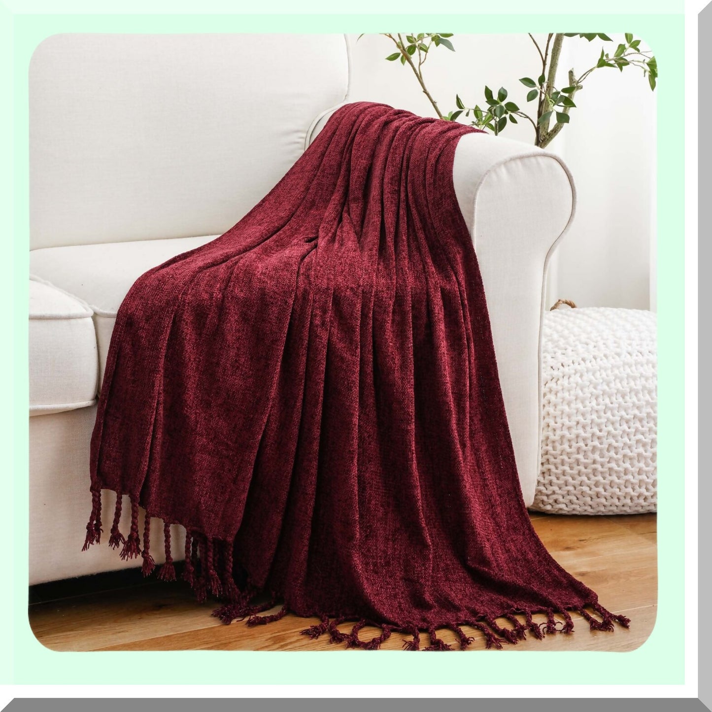 Velvet Burgundy Chenille Throw Blanket with Decorative Fringe - Luxurious 50"x60" Sofa and Couch Decor"