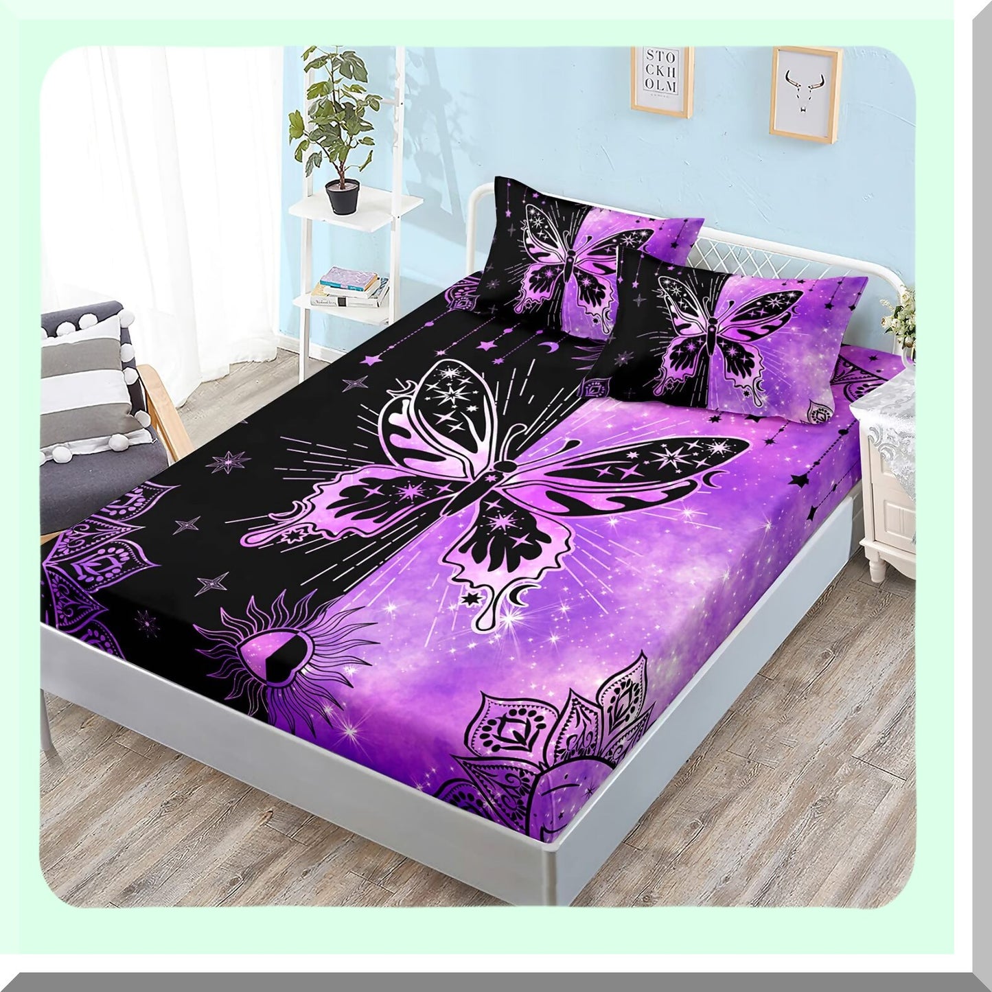 Starry Sun Butterfly Queen Sheet Set - Bohemian Aesthetics Room Decor - Black Purple Microfiber Fitted Sheet with Pillowcases - 3 Piece Butterfly Theme