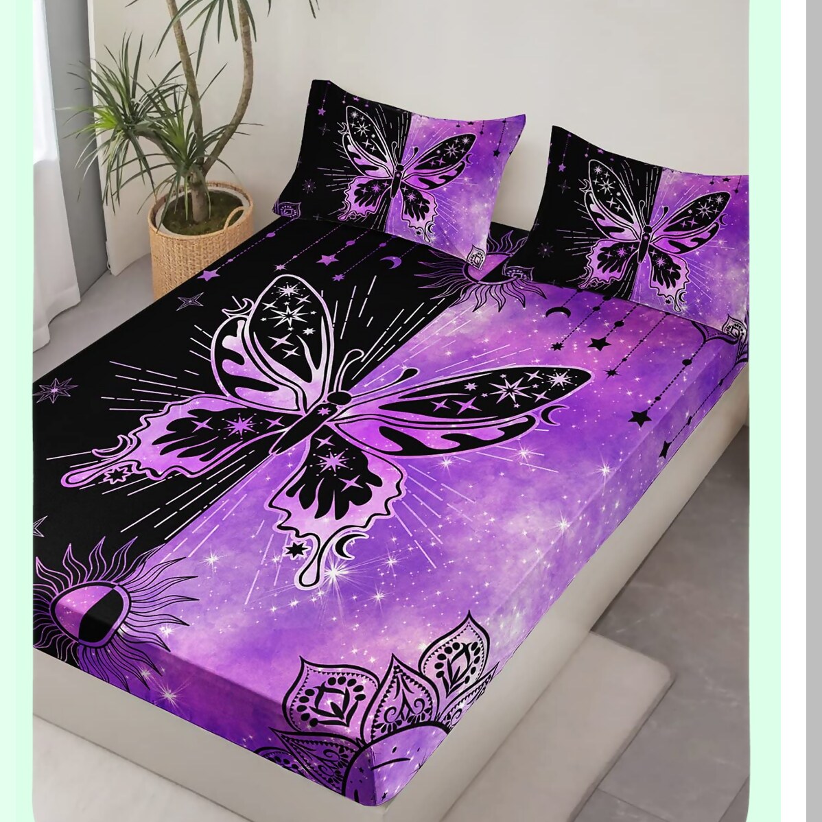 Starry Sun Butterfly Queen Sheet Set - Bohemian Aesthetics Room Decor - Black Purple Microfiber Fitted Sheet with Pillowcases - 3 Piece Butterfly Theme