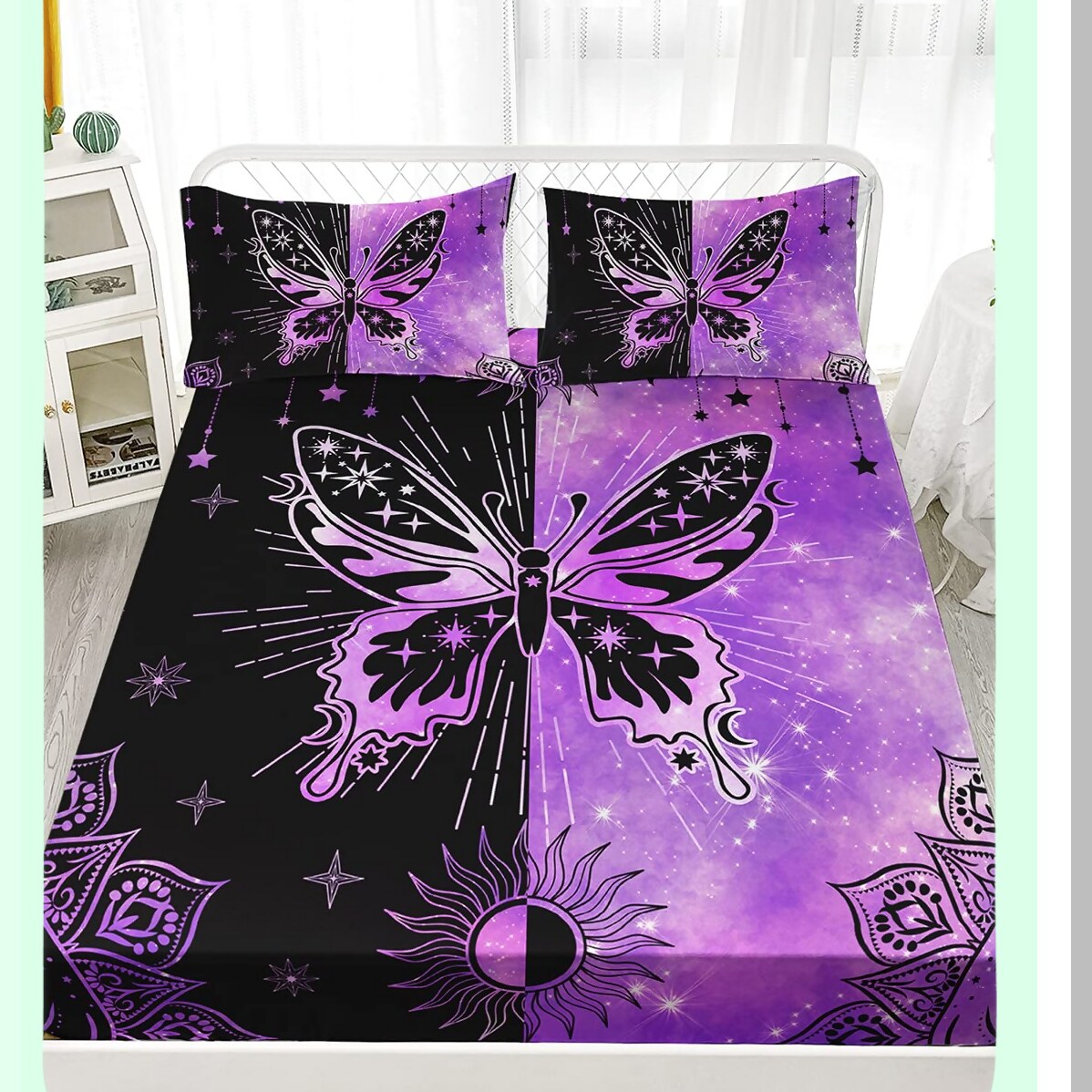 Starry Sun Butterfly Queen Sheet Set - Bohemian Aesthetics Room Decor - Black Purple Microfiber Fitted Sheet with Pillowcases - 3 Piece Butterfly Theme