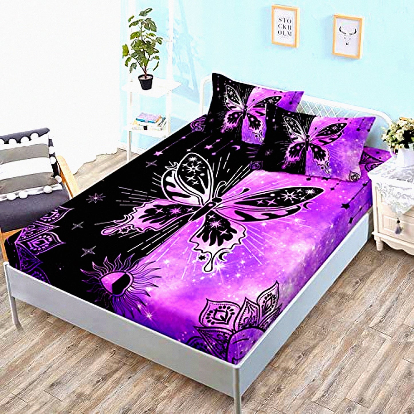 Starry Sun Butterfly Queen Sheet Set - Bohemian Aesthetics Room Decor - Black Purple Microfiber Fitted Sheet with Pillowcases - 3 Piece Butterfly Theme