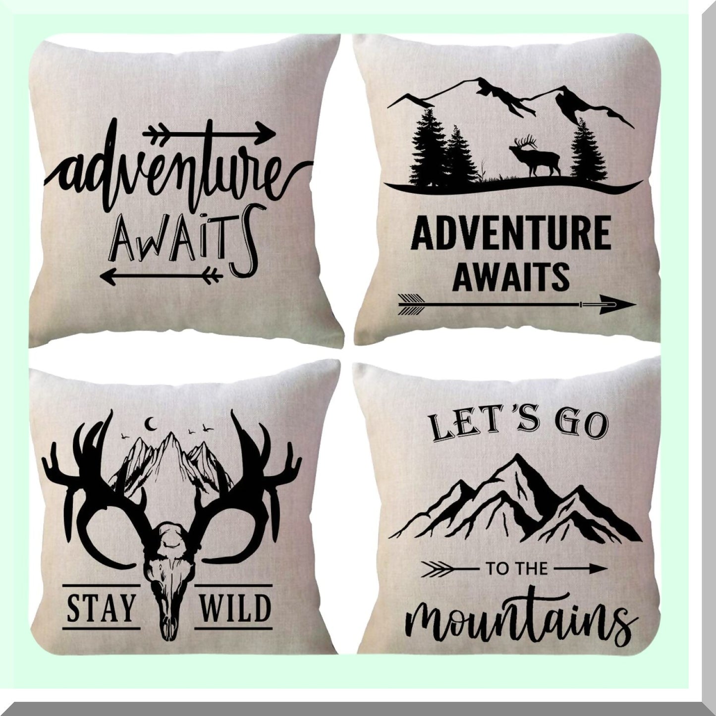 Mountain Wanderlust Pillowcase Set - Adventure Decorative Cushion Covers with Arrows for Cabin and Camper - Stay Wild Throw Pillow Cover Collection - 18x18 Inch, Set of 4