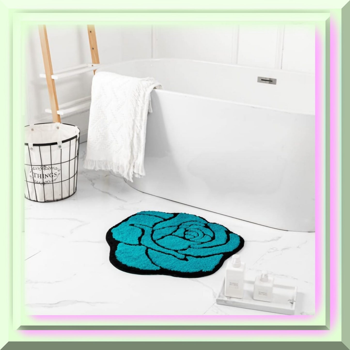 Blue Rose Bathroom Rug 23.6x25.5in Non Slip Fluffy Mat
