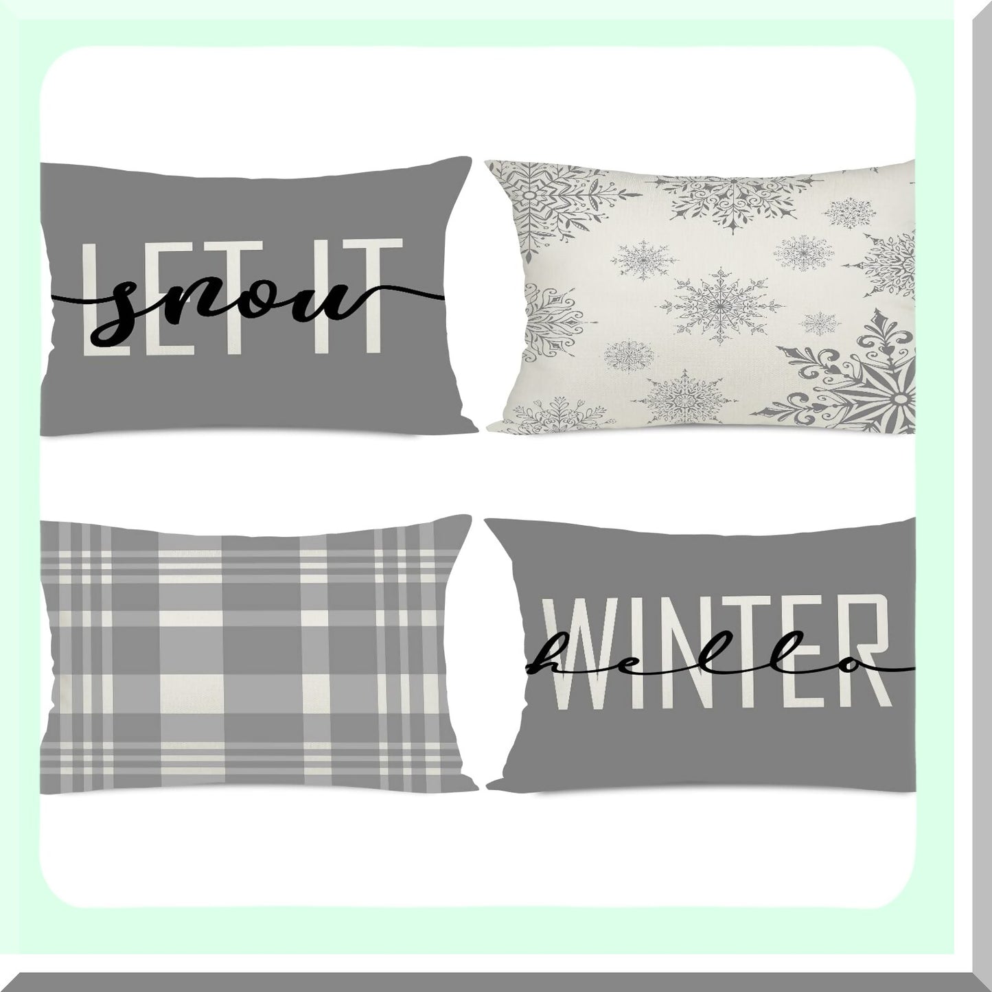 Winter Wonderland Snowflake Plaid Pillow Cover Set - Set of 4 Decorative Xmas Pillow Shams for Couch Sofa - Let it Snow Holiday Slipcovers