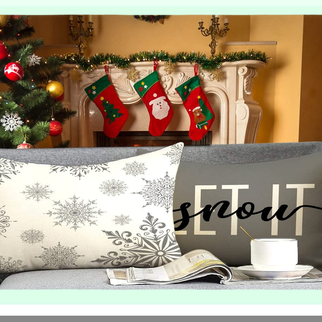 Winter Wonderland Snowflake Plaid Pillow Cover Set - Set of 4 Decorative Xmas Pillow Shams for Couch Sofa - Let it Snow Holiday Slipcovers