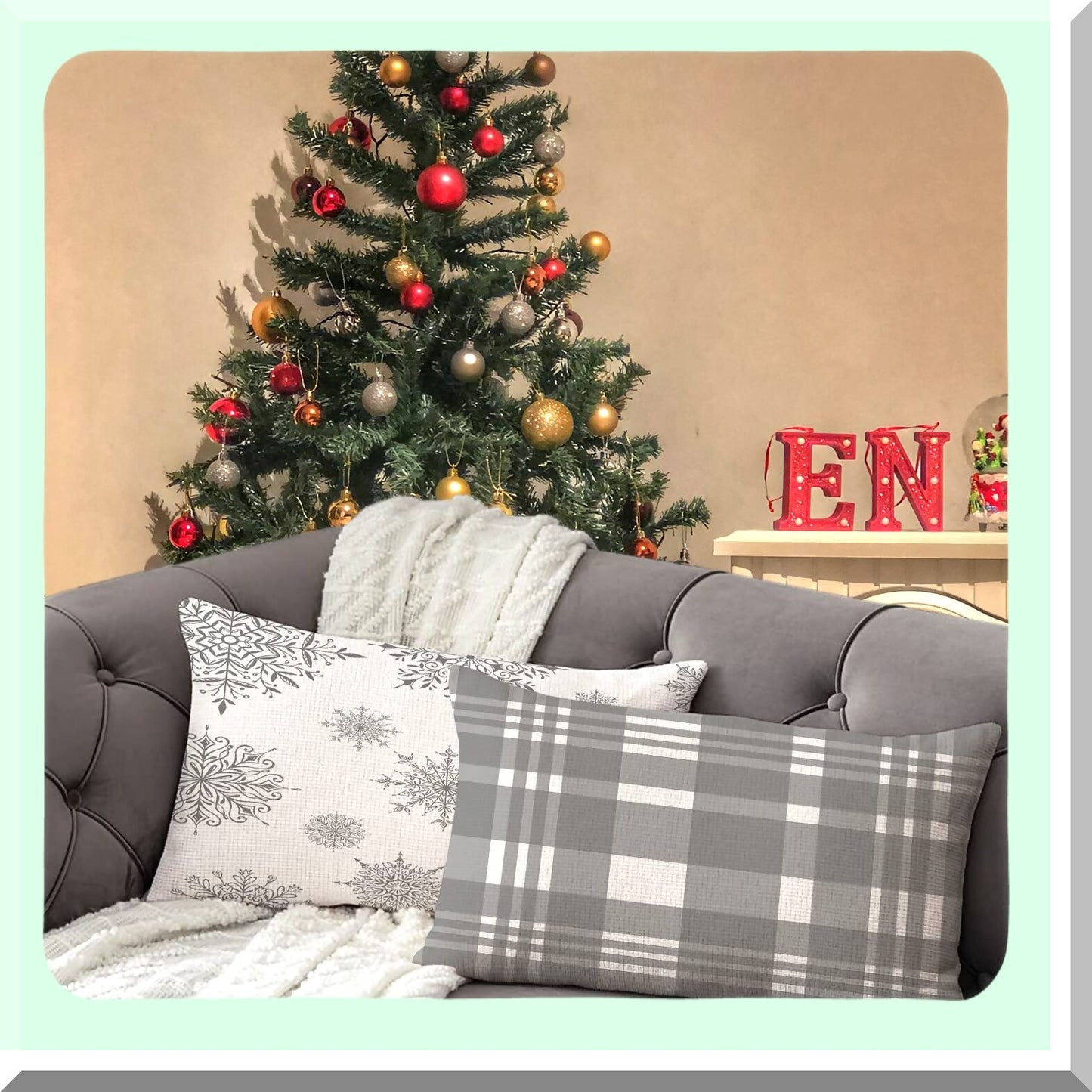 Winter Wonderland Snowflake Plaid Pillow Cover Set - Set of 4 Decorative Xmas Pillow Shams for Couch Sofa - Let it Snow Holiday Slipcovers