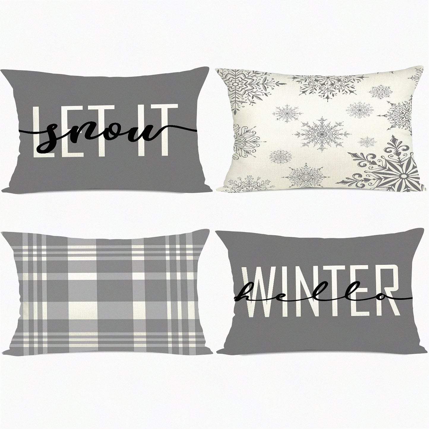 Winter Wonderland Snowflake Plaid Pillow Cover Set - Set of 4 Decorative Xmas Pillow Shams for Couch Sofa - Let it Snow Holiday Slipcovers