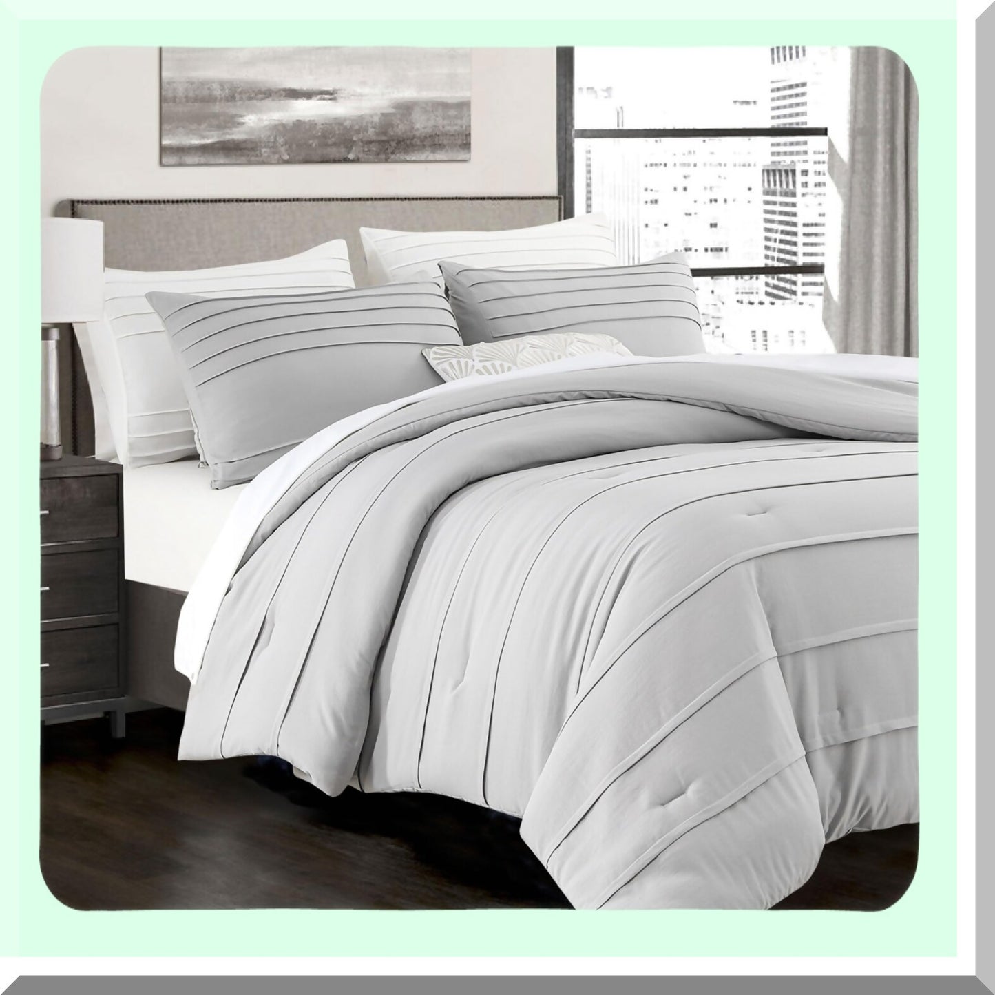 Luxury Grey Pinch Pleat Comforter Set - 3 Piece Down Alternative Bedding Bundle for Full/Queen Size Bed - All Season Bed Set with 1 Comforter and 2 Pillowcases - 90 x 90 Inches