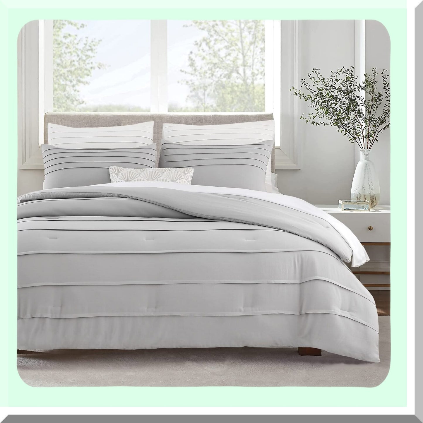 Luxury Grey Pinch Pleat Comforter Set - 3 Piece Down Alternative Bedding Bundle for Full/Queen Size Bed - All Season Bed Set with 1 Comforter and 2 Pillowcases - 90 x 90 Inches