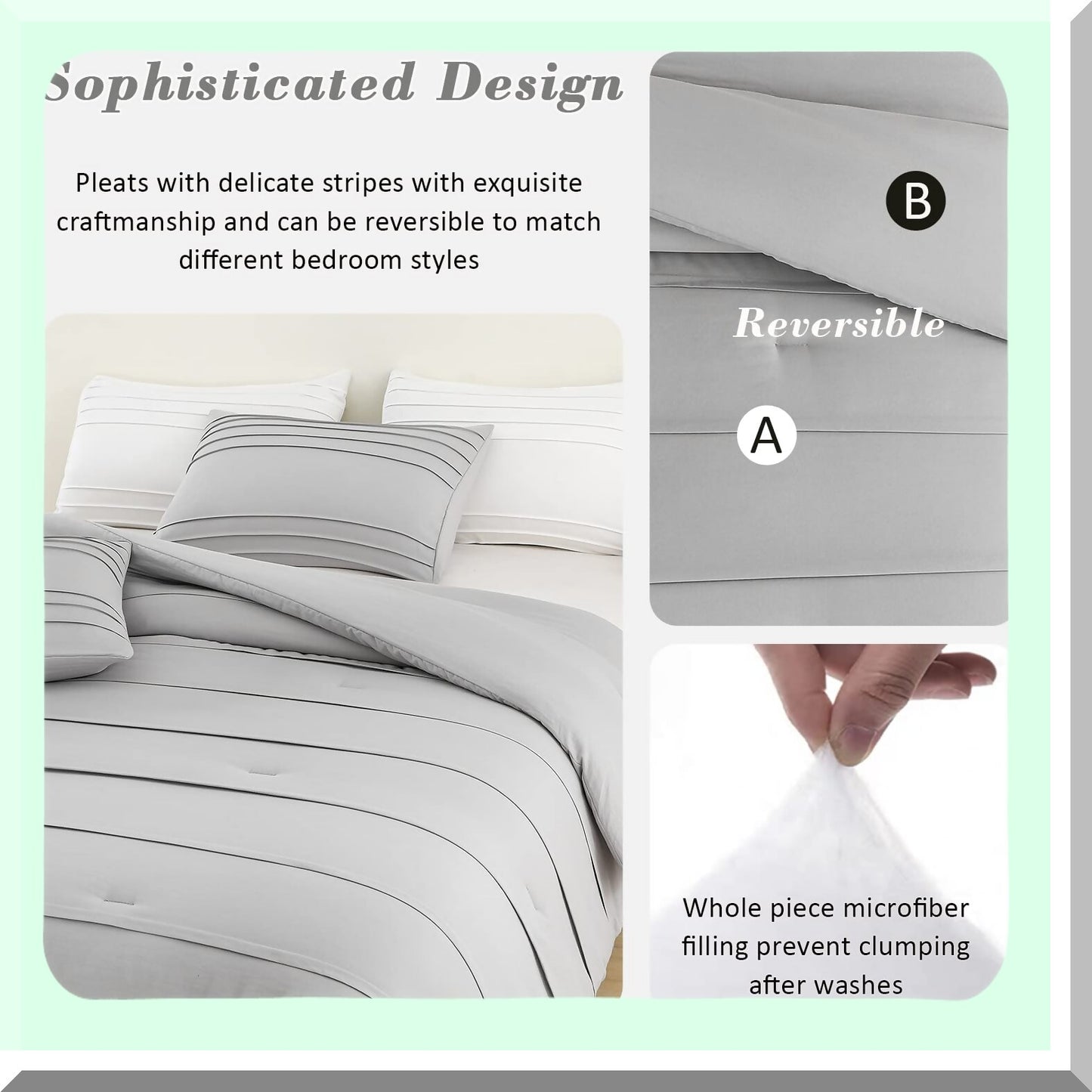 Luxury Grey Pinch Pleat Comforter Set - 3 Piece Down Alternative Bedding Bundle for Full/Queen Size Bed - All Season Bed Set with 1 Comforter and 2 Pillowcases - 90 x 90 Inches