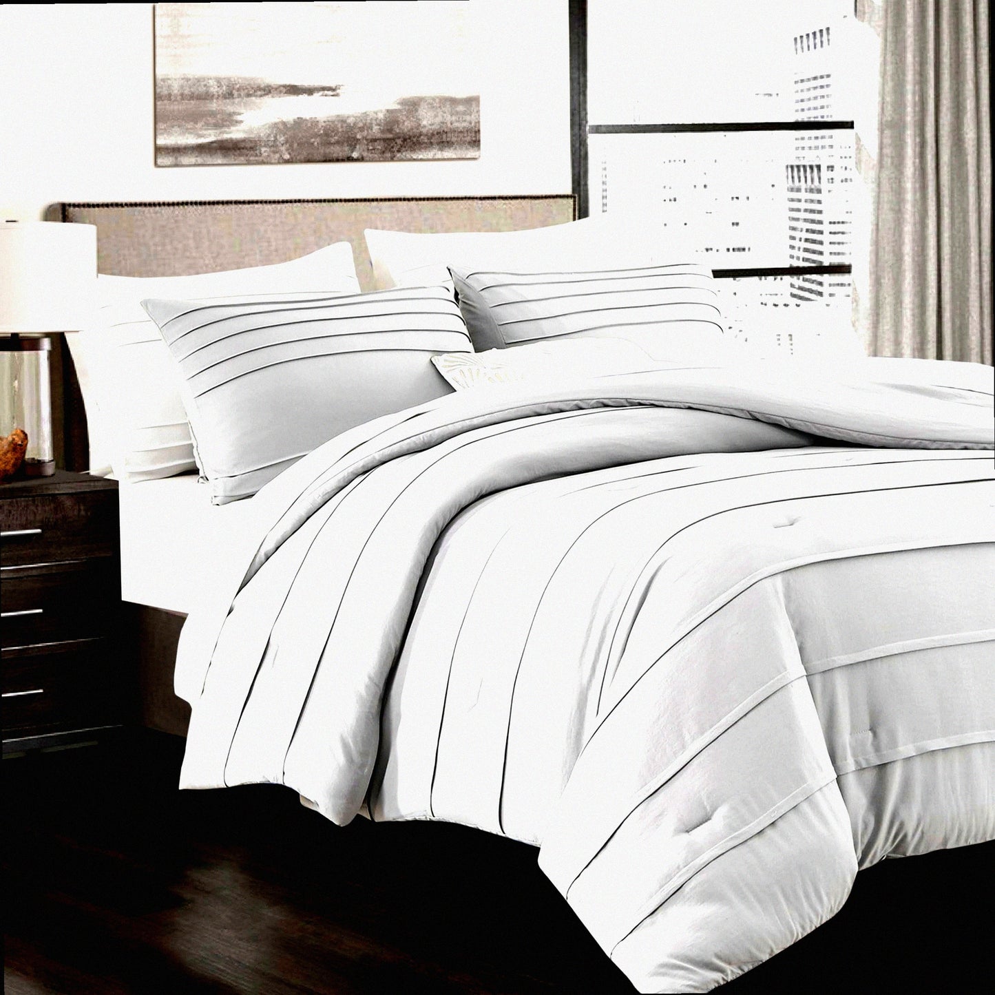 Luxury Grey Pinch Pleat Comforter Set - 3 Piece Down Alternative Bedding Bundle for Full/Queen Size Bed - All Season Bed Set with 1 Comforter and 2 Pillowcases - 90 x 90 Inches