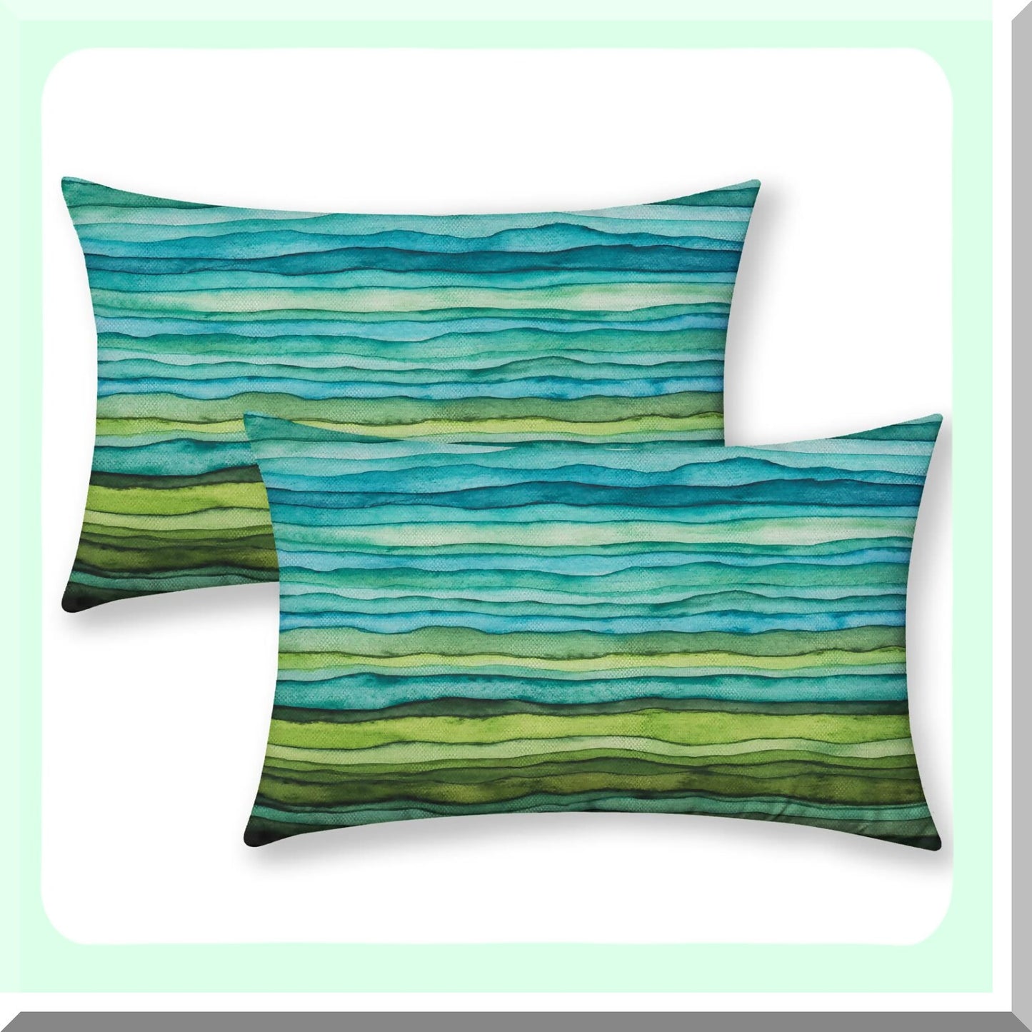 Watercolor Waves Decorative Pillow Covers - Set of 2, Blue Teal Green Striped Gradient Sea Linen Cushion Covers 12x20 for Couch, Bed, Car Sofa - Outdoors Abstract Paint Brush Decor