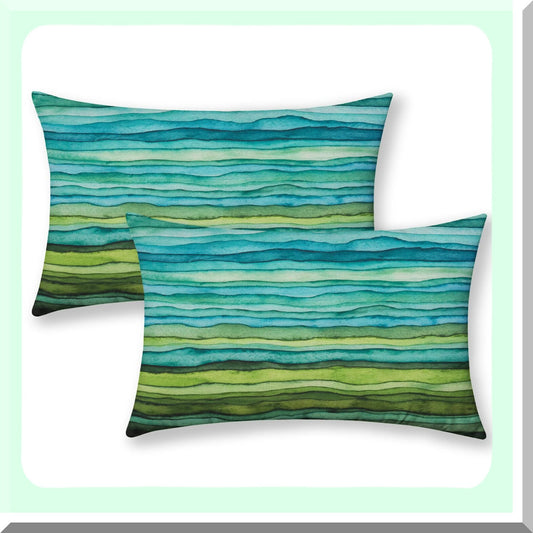 Watercolor Waves Decorative Pillow Covers - Set of 2, Blue Teal Green Striped Gradient Sea Linen Cushion Covers 12x20 for Couch, Bed, Car Sofa - Outdoors Abstract Paint Brush Decor