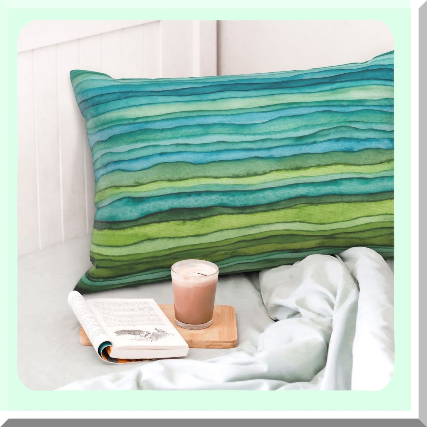 Watercolor Waves Decorative Pillow Covers - Set of 2, Blue Teal Green Striped Gradient Sea Linen Cushion Covers 12x20 for Couch, Bed, Car Sofa - Outdoors Abstract Paint Brush Decor