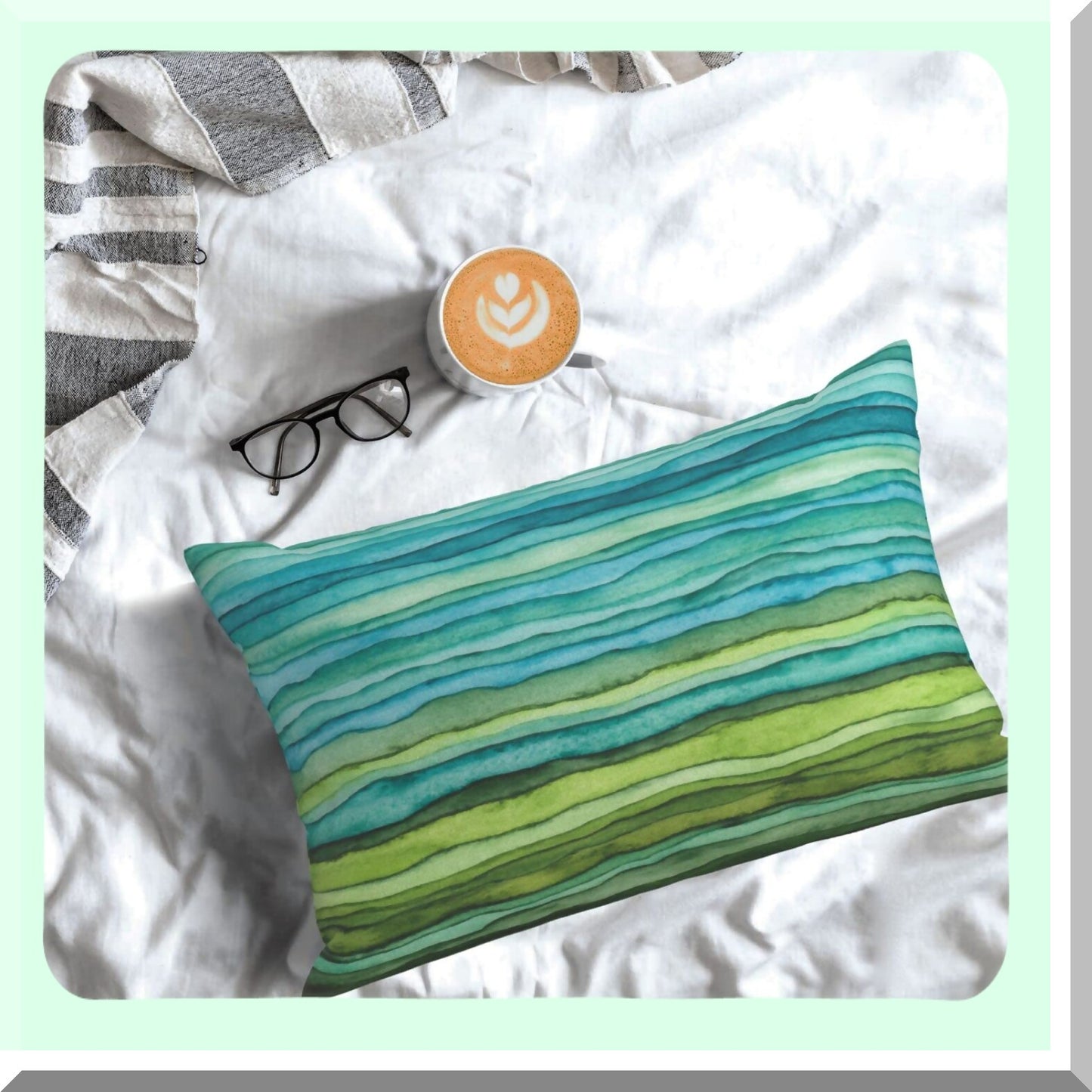 Watercolor Waves Decorative Pillow Covers - Set of 2, Blue Teal Green Striped Gradient Sea Linen Cushion Covers 12x20 for Couch, Bed, Car Sofa - Outdoors Abstract Paint Brush Decor