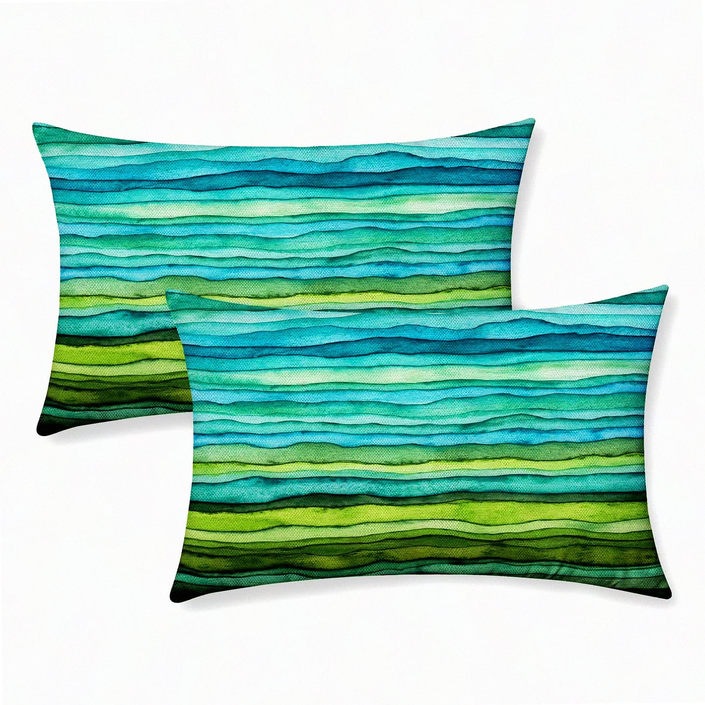 Watercolor Waves Decorative Pillow Covers - Set of 2, Blue Teal Green Striped Gradient Sea Linen Cushion Covers 12x20 for Couch, Bed, Car Sofa - Outdoors Abstract Paint Brush Decor