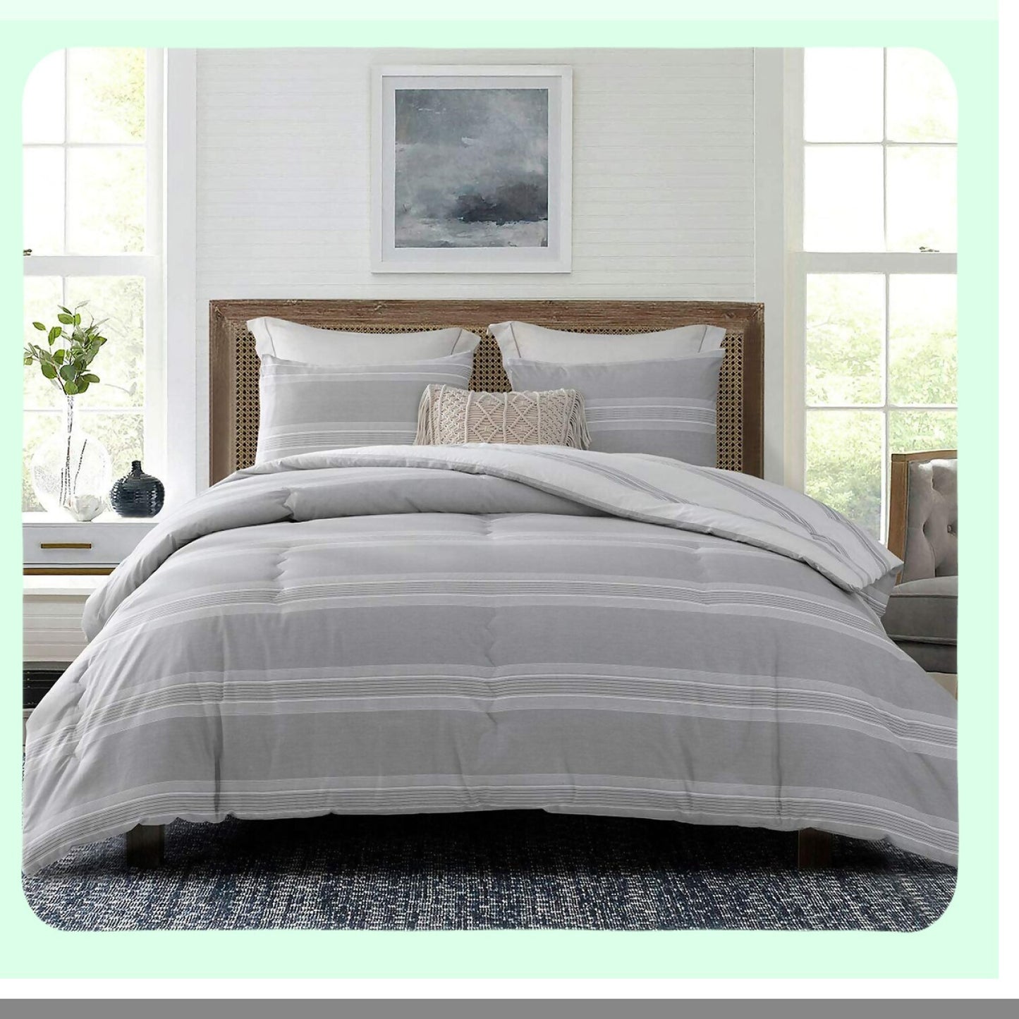 Luxury Stripe Comforter Set - Queen Size 600 Thread Count Cotton Bedding, Light Gray & White Reversible Pattern, Down Alternative 3 Piece Set for Ultimate Comfort & Style in Grey Stripes
