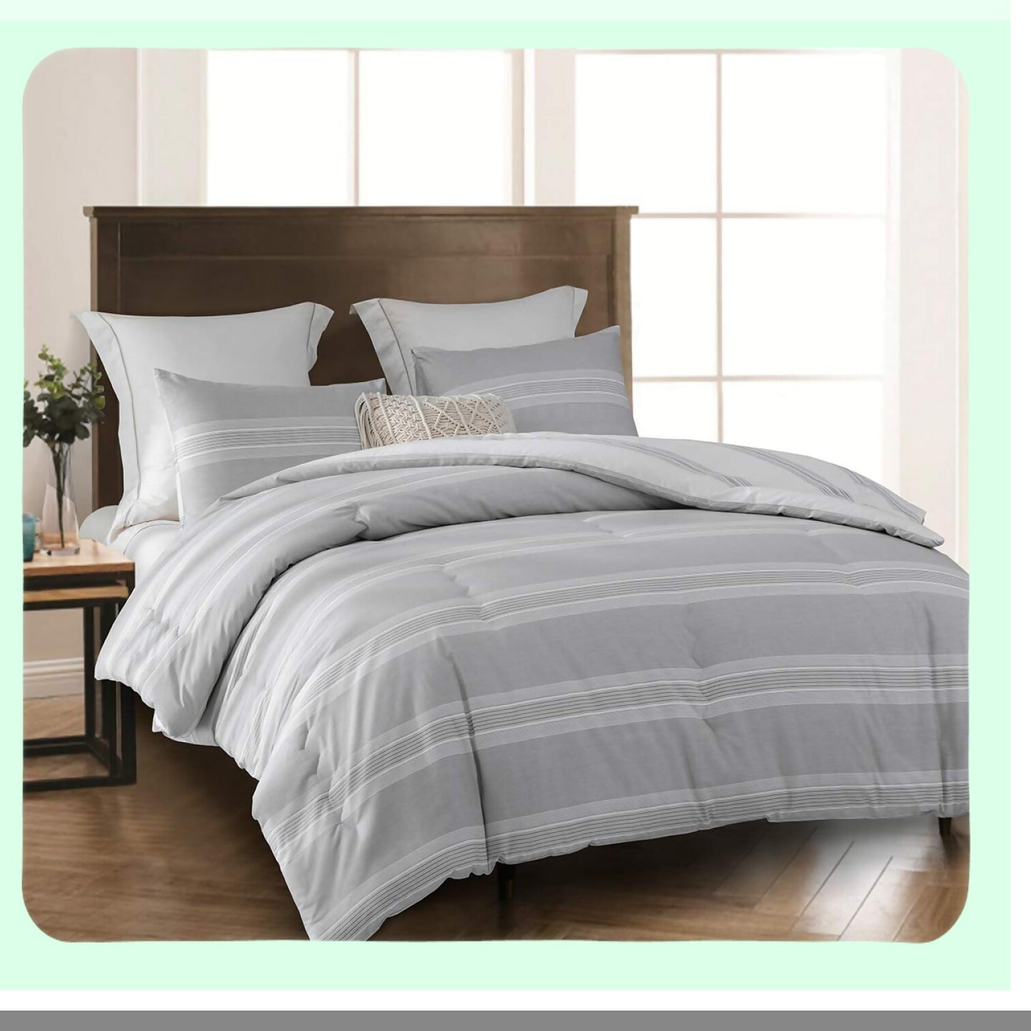 Luxury Stripe Comforter Set - Queen Size 600 Thread Count Cotton Bedding, Light Gray & White Reversible Pattern, Down Alternative 3 Piece Set for Ultimate Comfort & Style in Grey Stripes