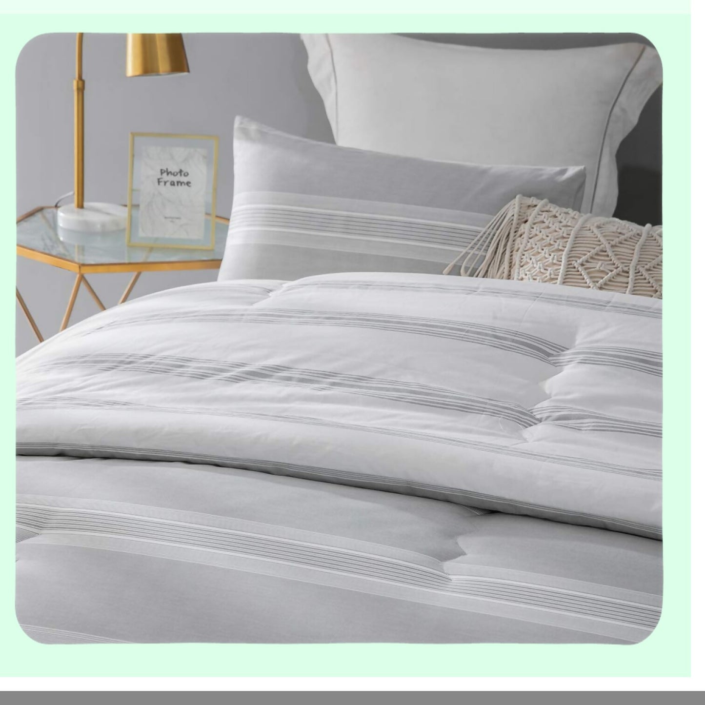 Luxury Stripe Comforter Set - Queen Size 600 Thread Count Cotton Bedding, Light Gray & White Reversible Pattern, Down Alternative 3 Piece Set for Ultimate Comfort & Style in Grey Stripes