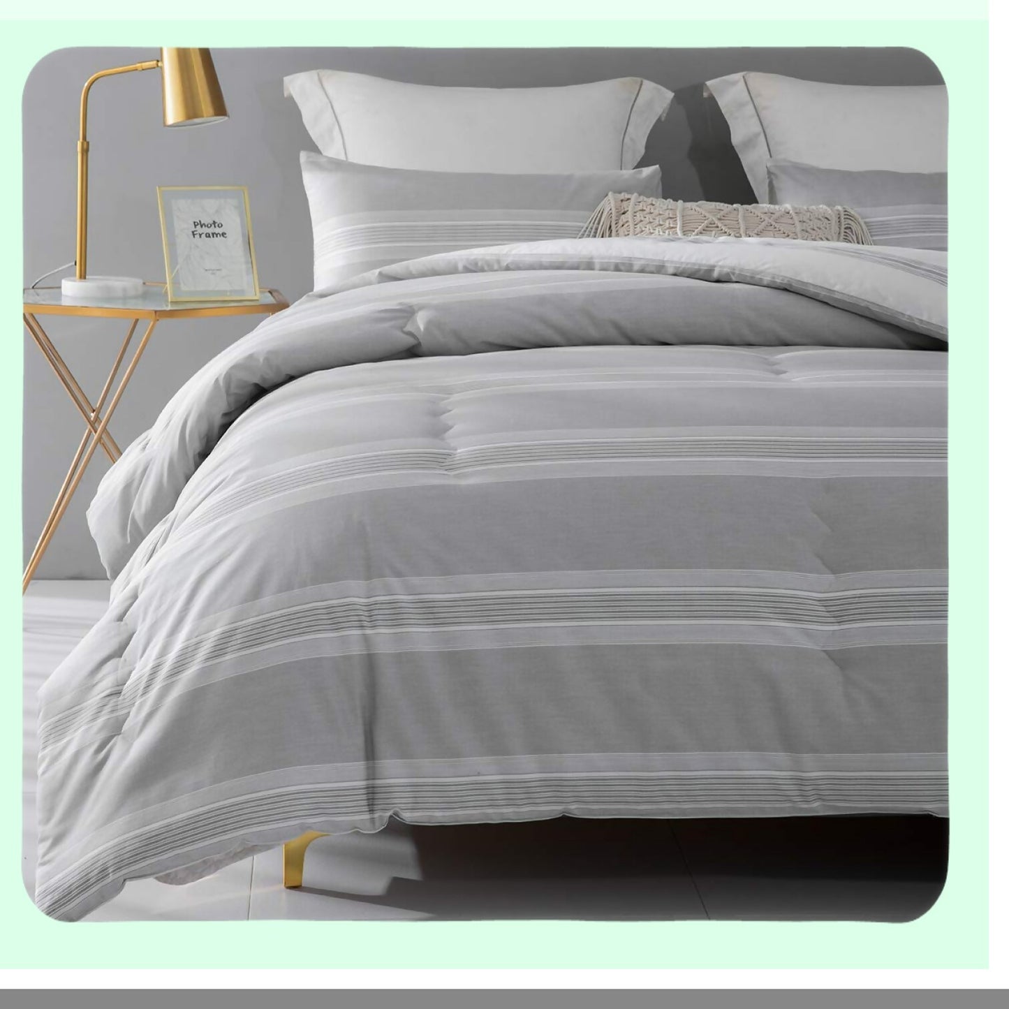 Luxury Stripe Comforter Set - Queen Size 600 Thread Count Cotton Bedding, Light Gray & White Reversible Pattern, Down Alternative 3 Piece Set for Ultimate Comfort & Style in Grey Stripes
