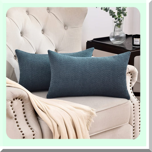 Blue Boucle Farmhouse Lumbar Throw Pillow Covers - Set of 2, Textured Cushion Cases for Couch Bed and Living Room 12"x20"