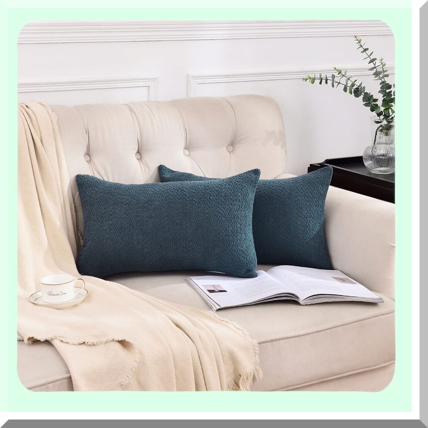 Blue Boucle Farmhouse Lumbar Throw Pillow Covers - Set of 2, Textured Cushion Cases for Couch Bed and Living Room 12"x20"