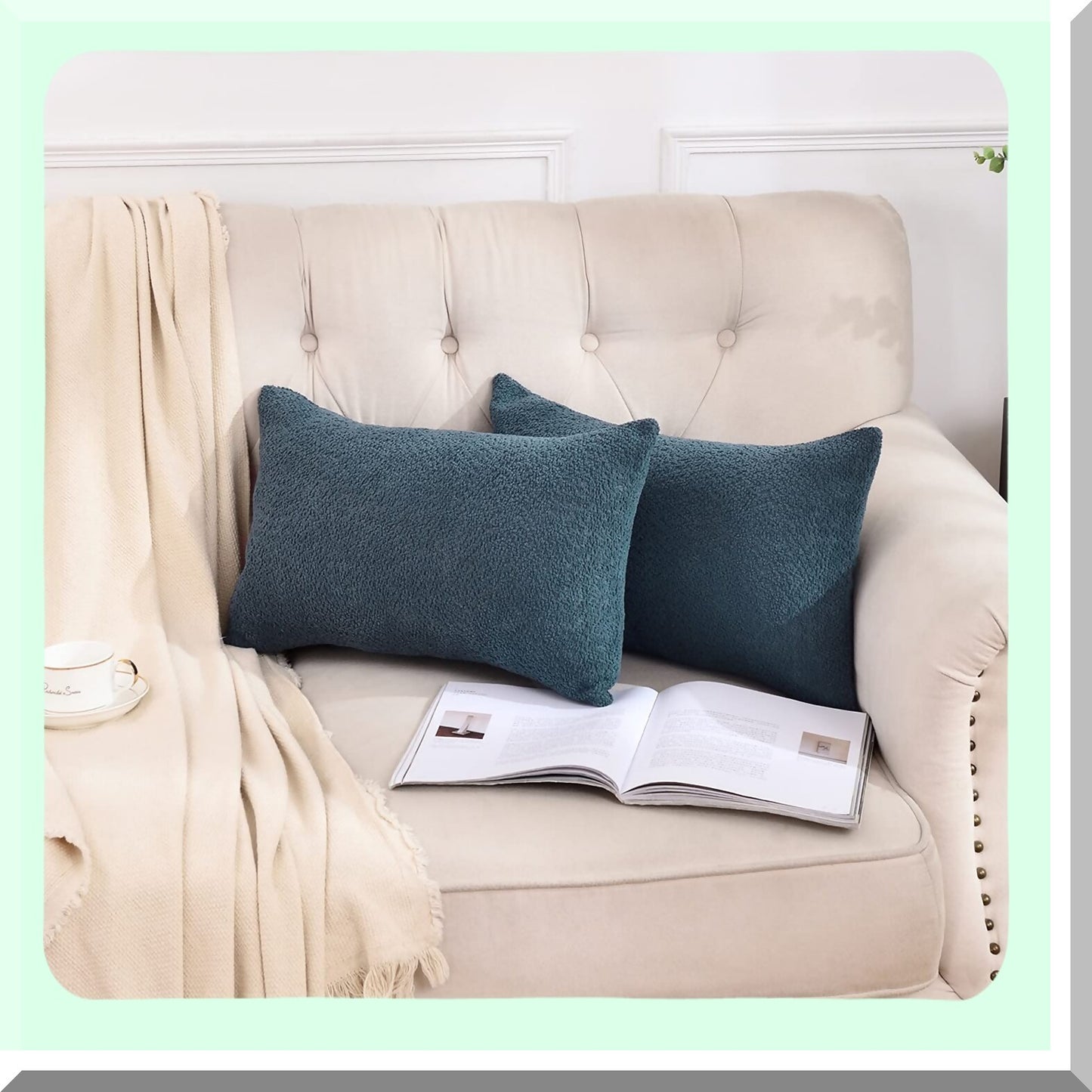 Blue Boucle Farmhouse Lumbar Throw Pillow Covers - Set of 2, Textured Cushion Cases for Couch Bed and Living Room 12"x20"