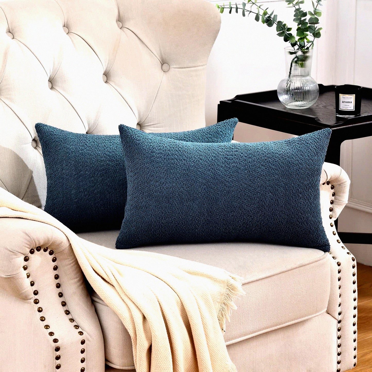 Blue Boucle Farmhouse Lumbar Throw Pillow Covers - Set of 2, Textured Cushion Cases for Couch Bed and Living Room 12"x20"