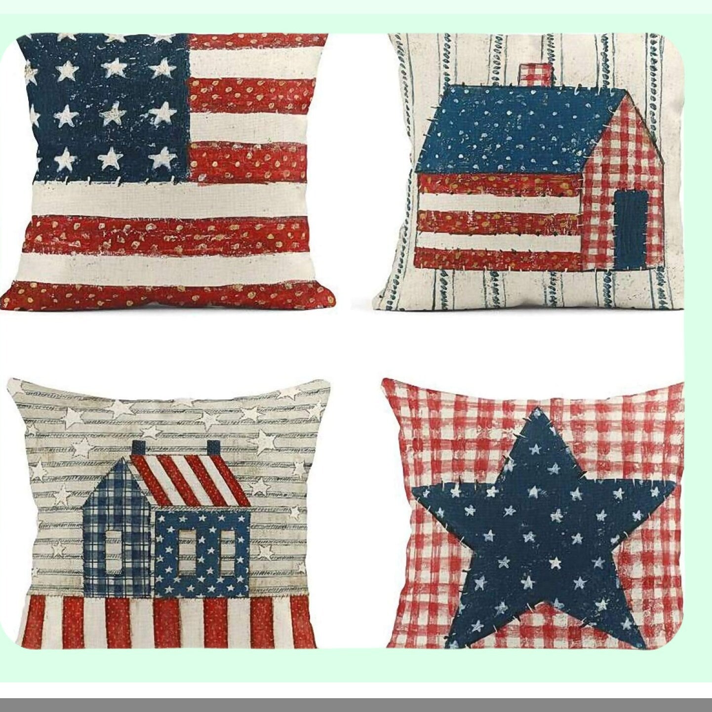 Patriotic Linen Pillow Cover Set - 4th of July Independence Day Decor - Square 16x16 Inches Throw Pillowcases for Home Decoration
